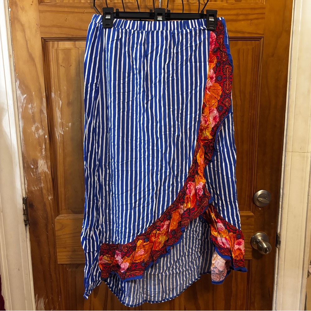 Striped Blue and Floral Paisley Trim Wrap Skirt